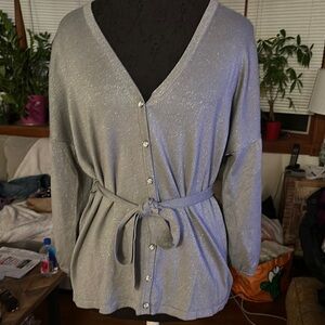 Silver Button-Up Cardigan with Belt L Michael kors